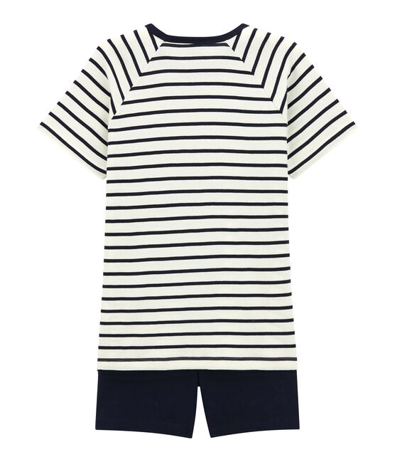 Rippstrick-Kurzpyjama für Jungen weiss MARSHMALLOW/blau SMOKING