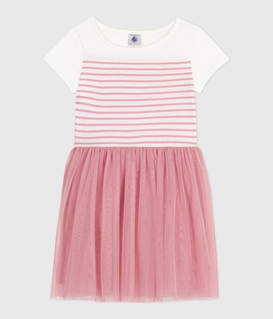 Kurzärmeliges Kinder-Kleid aus Baumwolle und Tüll weiss MARSHMALLOW/rosa CHARME