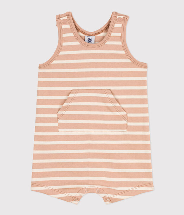 &Auml;rmelloser Baby-Kurzoverall aus dickem gestreiftem Jersey beige/naturfarben