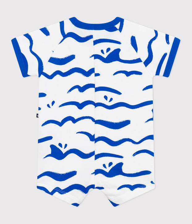 Kurz&auml;rmeliger Baby-Kurzoverall aus Baumwolle mit Hai-Motiv. blau/blau