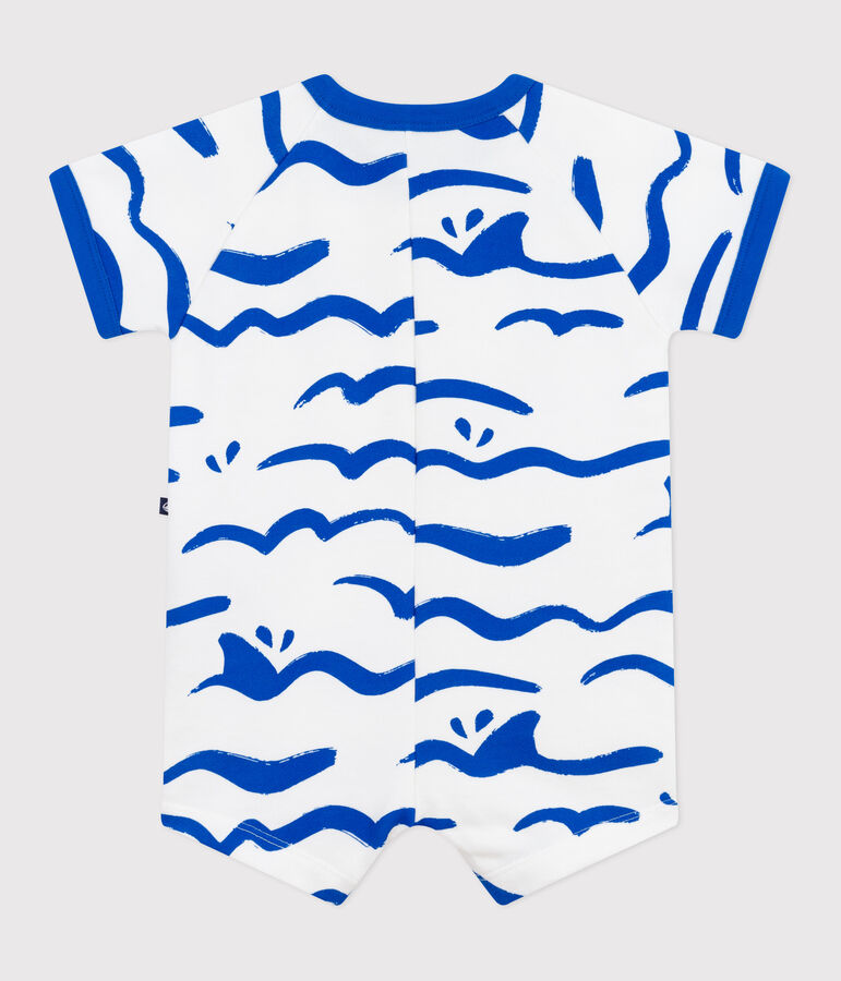 Kurz&auml;rmeliger Baby-Kurzoverall aus Baumwolle mit Hai-Motiv. weiss/blau