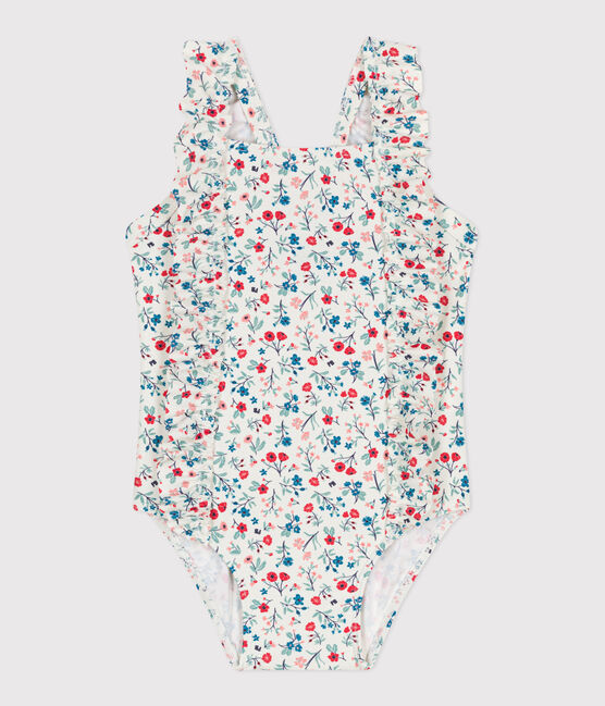 Einteiliger Baby-Badeanzug mit Rüschen und Blumenmuster weiss MARSHMALLOW/weiss MULTICO