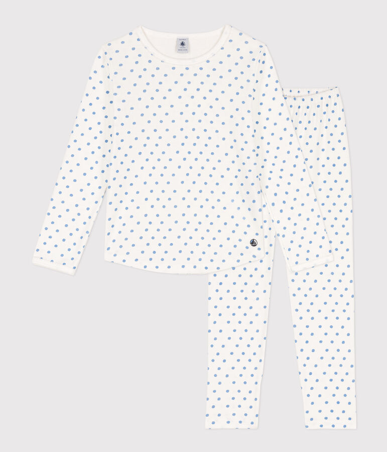 Kinderpyjama aus Baumwolle mit Polka-Dot-Muster f&uuml;r M&auml;dchen weiss/blau