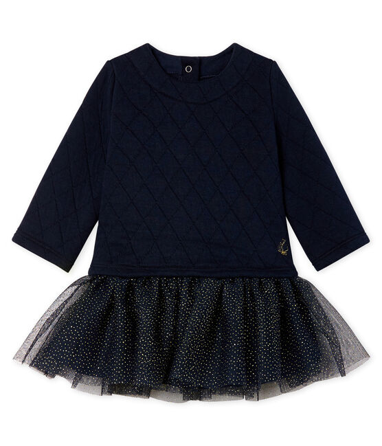 Langärmeliges Babykleid aus Materialmix für Mädchen blau SMOKING