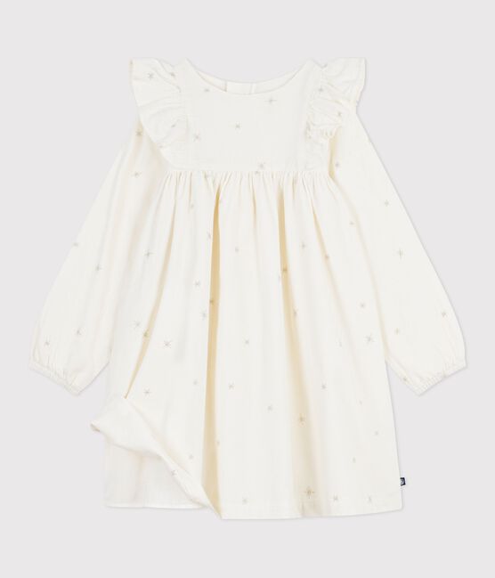 Langärmeliges Kinder-Kleid aus einfarbigem Fein-Cord. naturfarben MILK/ ARGENT