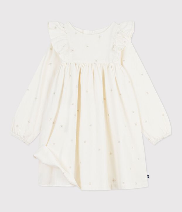 Lang&auml;rmeliges Kinder-Kleid aus einfarbigem Fein-Cord. naturfarben/grau