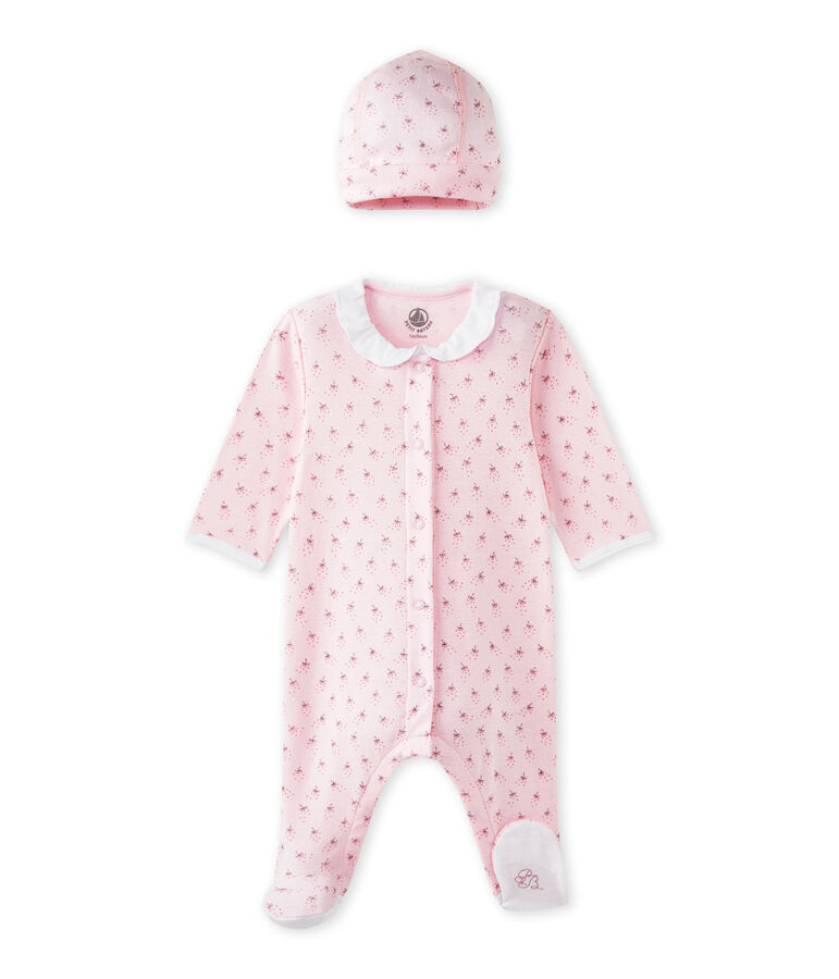 Baby-M&auml;dchen-Strampler und M&uuml;tze f&uuml;r Neugeborene rosa VIENNE/weiss MULTICO