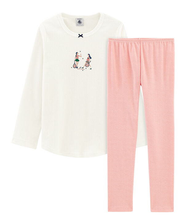 Rippstrick-Pyjama f&uuml;r kleine M&auml;dchen. weiss/rosa