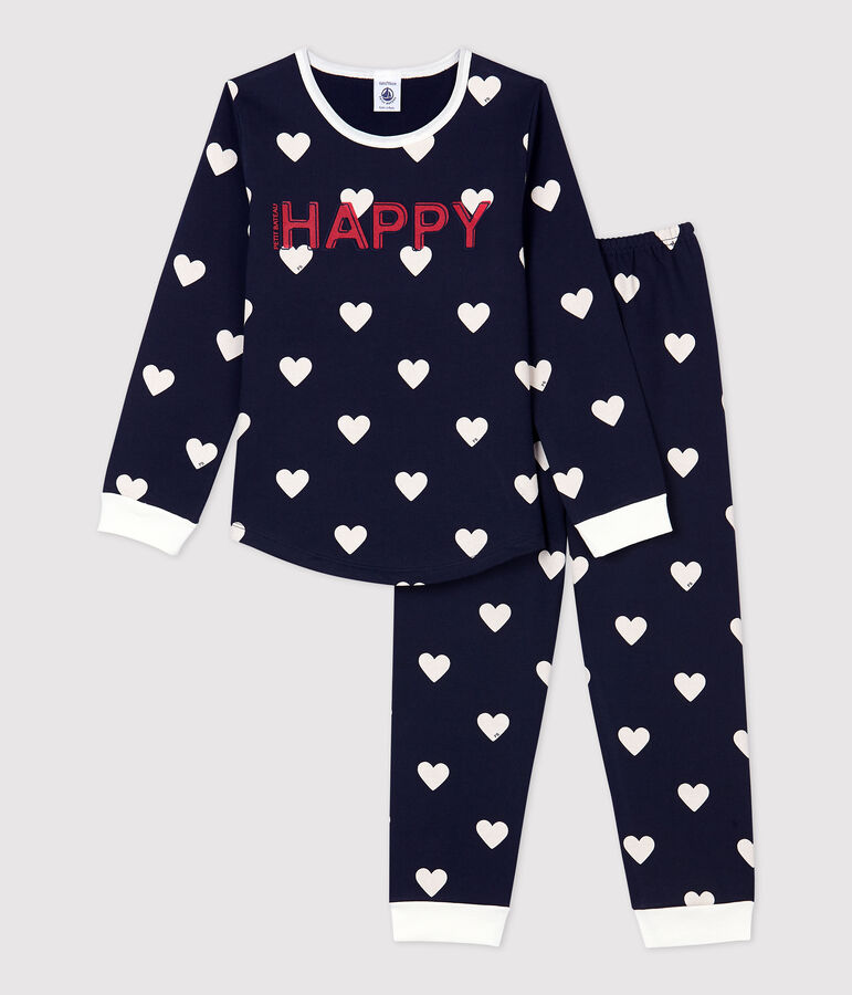 Kinderpyjama aus Molton mit Herzmotiv blau/weiss