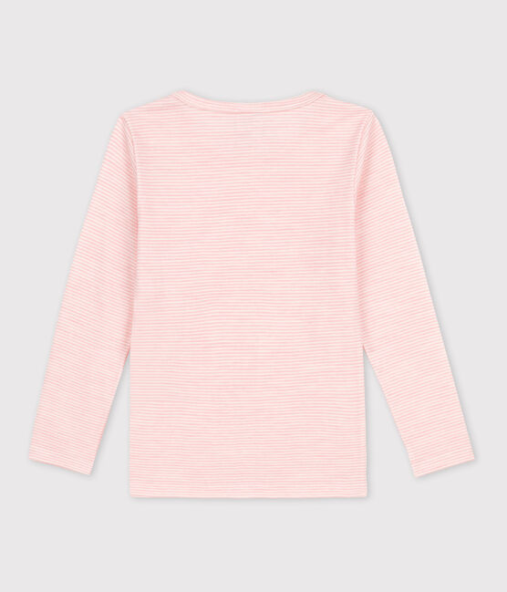 Langärmeliges T-Shirt aus Wolle und Baumwolle mit Ringelstreifen für Mädchen rosa CHARME/weiss MARSHMALLOW