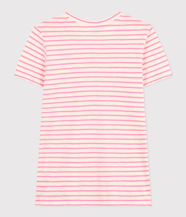 Damen-T-Shirt Le Droit aus Baumwolle, mit Rundhalsausschnitt und Streifen naturfarben/rosa