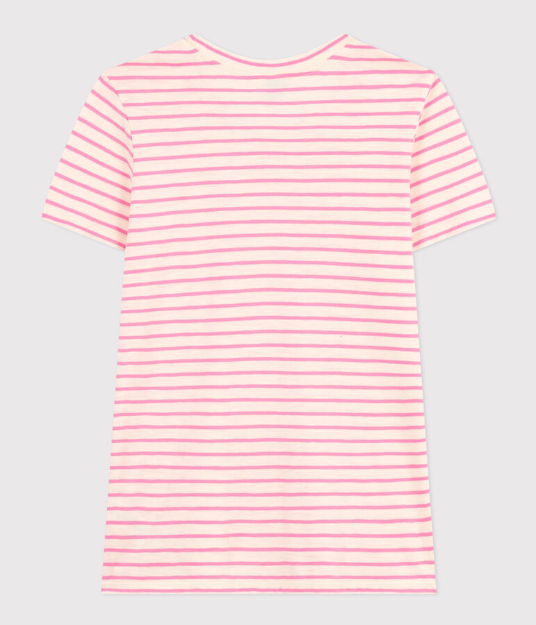 Damen-T-Shirt Le Droit aus Baumwolle, mit Rundhalsausschnitt und Streifen naturfarben/rosa