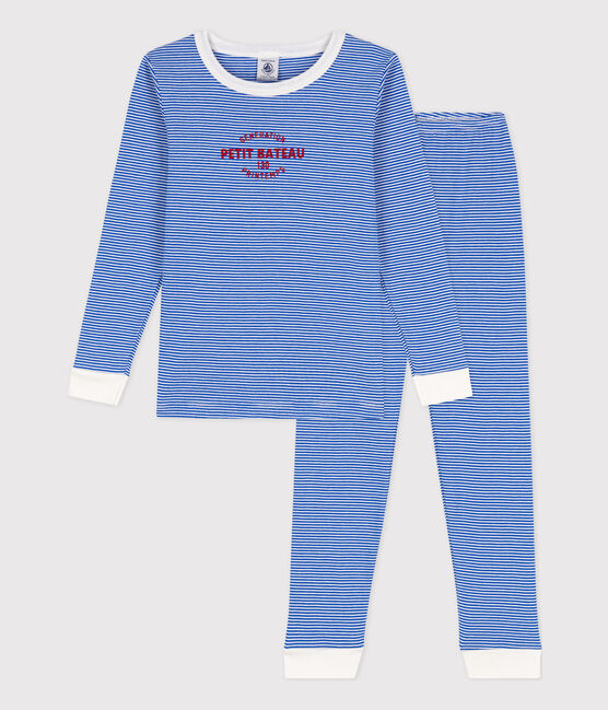Kinderpyjama aus Baumwolle in schmaler Passform mit Streifen blau PERSE/weiss MARSHMALLOW