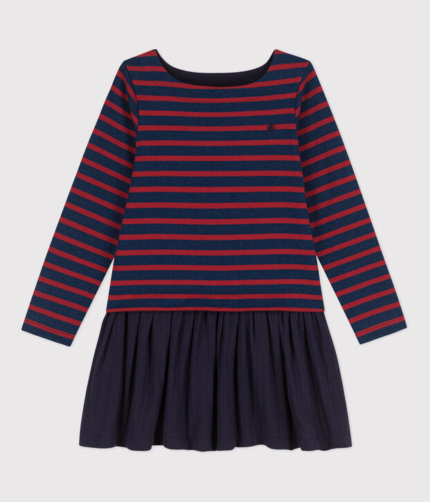 Gestreiftes Kinderkleid aus dichter Baumwolle und Baumwollgaze f&uuml;r M&auml;dchen blau/rot