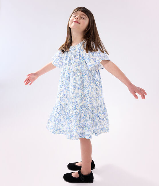 Kurzärmeliges Kinder-Kleid aus bedruckter Baumwolle blau MARSHMALLOW/ PORCELANA
