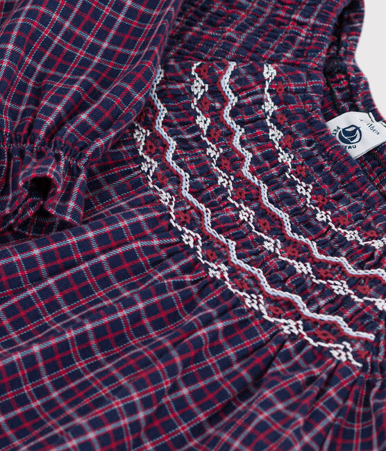 Langärmeliges Kinder-Kleid aus Flanell mit Karomuster blau SMOKING/weiss MULTICO