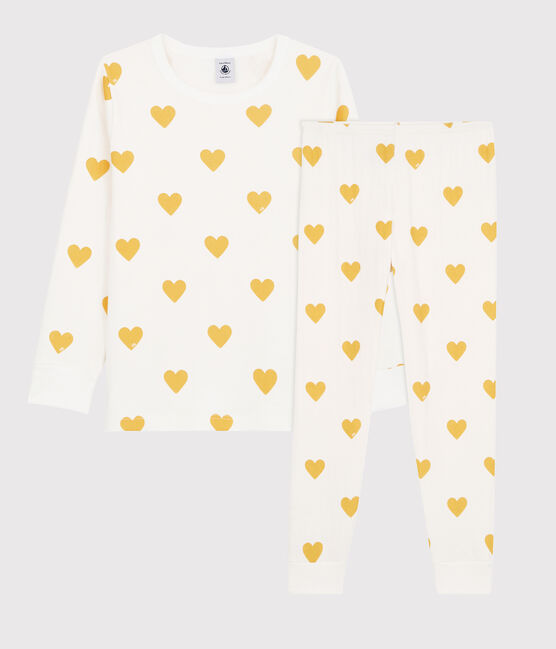 Kinderpyjama aus Bio-Baumwoll-Doppeljersey mit gelbem Herzmotiv weiss MARSHMALLOW/gelb OCRE