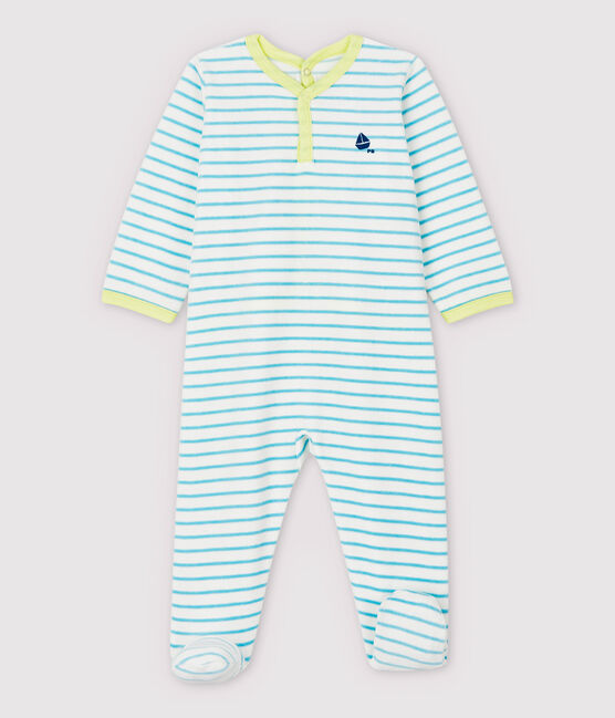Baby-Strampler aus Velours mit blauen Streifen weiss MARSHMALLOW/blau TIKI