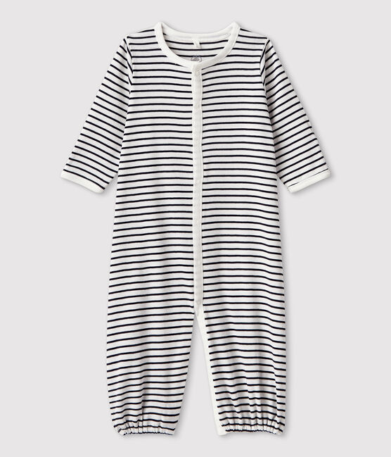 Gestreifter Baby-Kombi-Overall aus Bio-Baumwolle weiss MARSHMALLOW/blau SMOKING