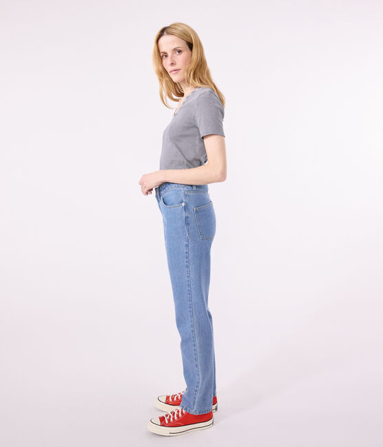 Damen-T-Shirt L'Iconique aus Baumwolle mit V-Ausschnitt, gestreift blau SMOKING/weiss MARSHMALLOW