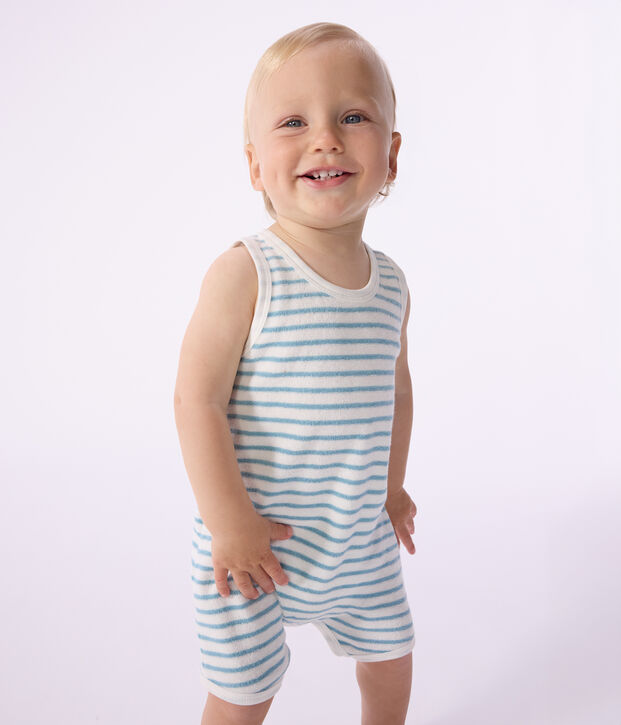&Auml;rmelloser Baby-Kurzoverall aus Frottee   mit Streifen weiss/blau