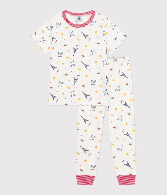Kurzärmeliger Kinder-Pyjama mit langen Beinen aus bedruckter Baumwolle weiss MARSHMALLOW/weiss MULTICO