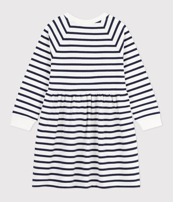 Langärmeliges Kinder-Kleid aus Baumwolle mit Streifen weiss MARSHMALLOW/blau SMOKING
