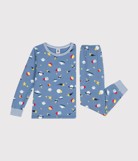 Kinder-Pyjama aus aufgerautem Molton mit Weltraummotiv blau BEACH/ MULTICO