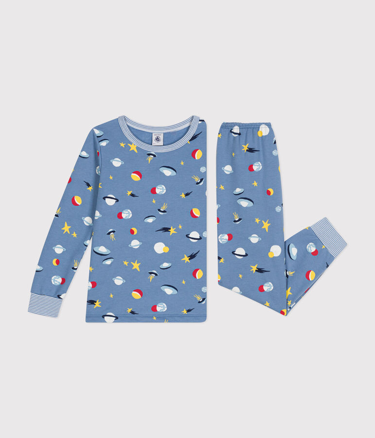 Kinder-Pyjama aus aufgerautem Molton mit Weltraummotiv blau/vielfarbig