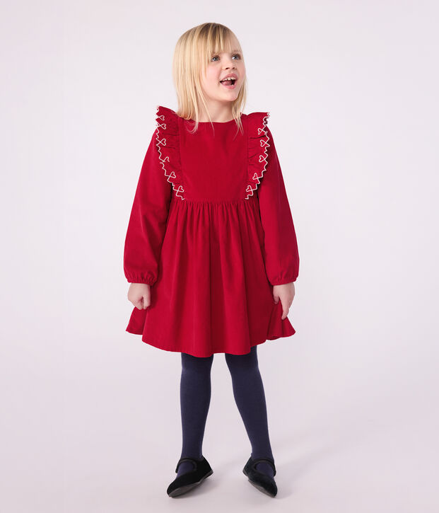 Lang&auml;rmeliges Kinder-Kleid aus einfarbigem Fein-Cord. rot