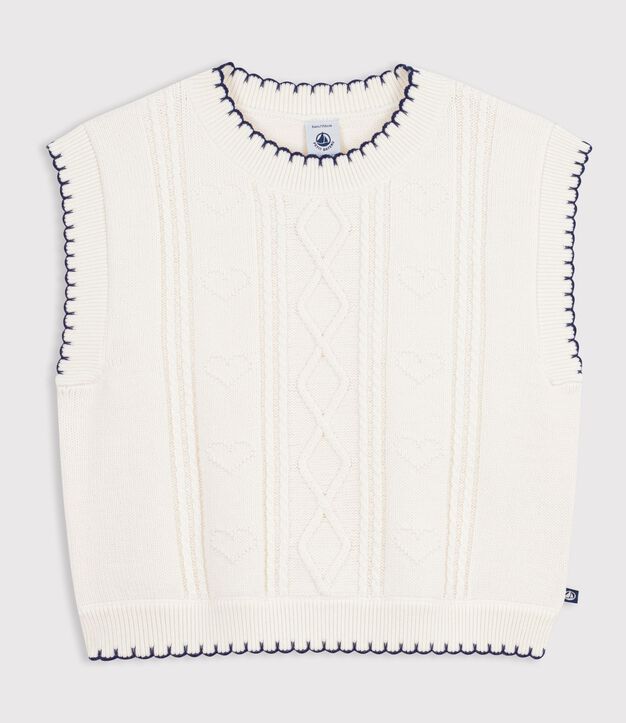 &Auml;rmelloser Kinder-Pullover mit Zopfmuster aus Wolle und Baumwolle weiss