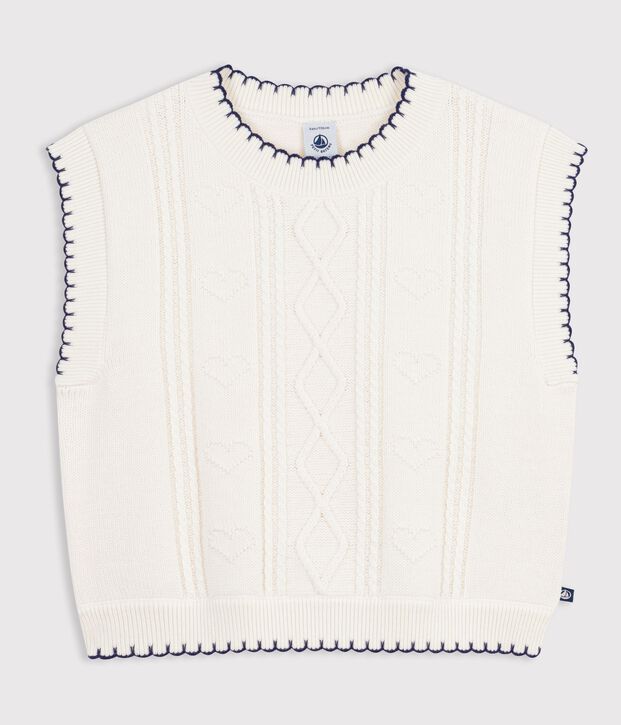&Auml;rmelloser Kinder-Pullover mit Zopfmuster aus Wolle und Baumwolle weiss