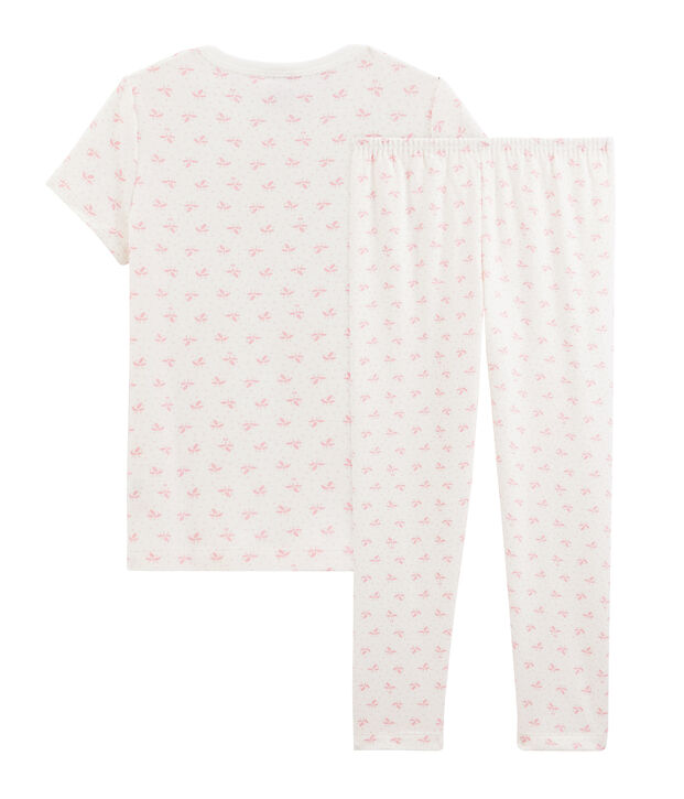 Rippstrick-Pyjama mit Blumen, f&uuml;r kleine M&auml;dchen. weiss/rosa