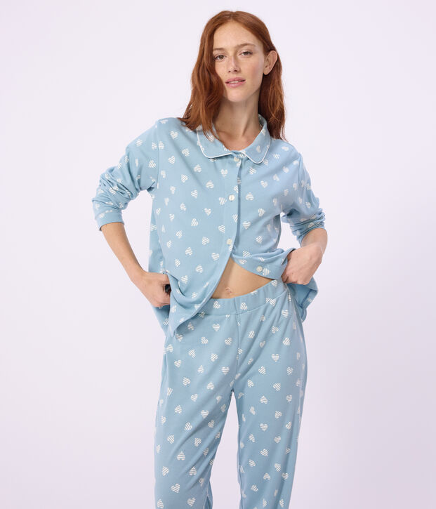 Damen-Pyjama aus gemusterter Baumwolle mit Knopfverschluss gr&uuml;n/weiss