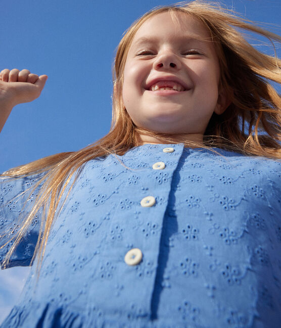 Kurzärmeliges Kinder-Kleid mit englischer Stickerei für Mädchen blau GAULOISE