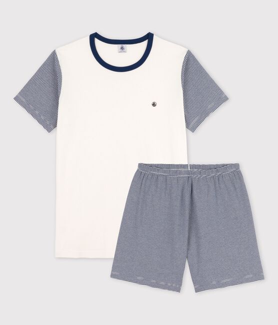 Kinder-Kurzpyjama aus Baumwolle mit blauen Ringelstreifen für Jungen blau MEDIEVAL/weiss MARSHMALLOW