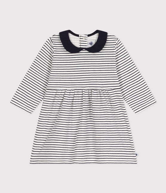 Langärmeliges Babykleid aus gestreiftem Doppeljersey weiss MARSHMALLOW/blau SMOKING