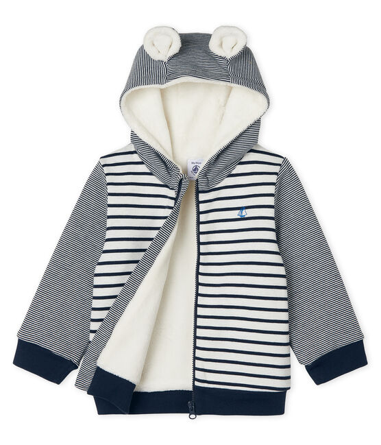 Baby-Kapuzensweatshirt für Jungen mit Streifen und Sherpafutter weiss MARSHMALLOW/blau SMOKING CN