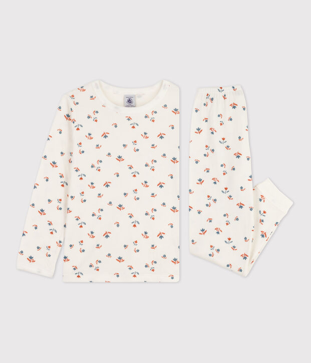 Kinderpyjama aus Doppeljersey mit Blumenmotiv f&uuml;r M&auml;dchen weiss/vielfarbig