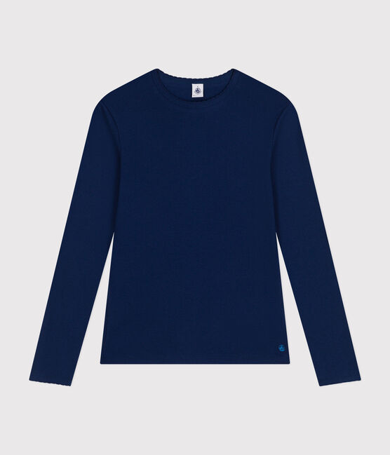 Langärmeliges Damen-T-Shirt "L'Iconique" mit Mäusezähnchenkante aus einfarbigem Rippstrick blau MEDIEVAL