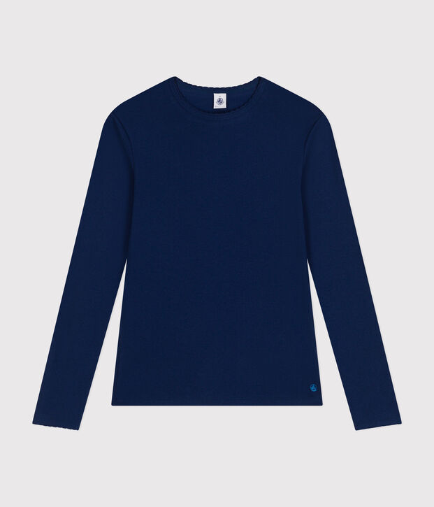 Lang&auml;rmeliges Damen-T-Shirt L'Iconique mit M&auml;usez&auml;hnchenkante aus einfarbigem Rippstrick blau