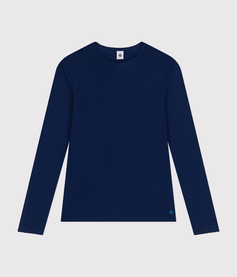 Lang&auml;rmeliges Damen-T-Shirt L'Iconique mit M&auml;usez&auml;hnchenkante aus einfarbigem Rippstrick blau