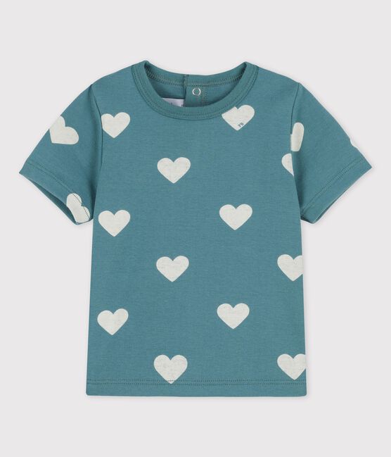 Kurzärmeliges Baby-T-Shirt aus Bio-Baumwolle mit Herzmuster grün BRUT/weiss AVALANCHE