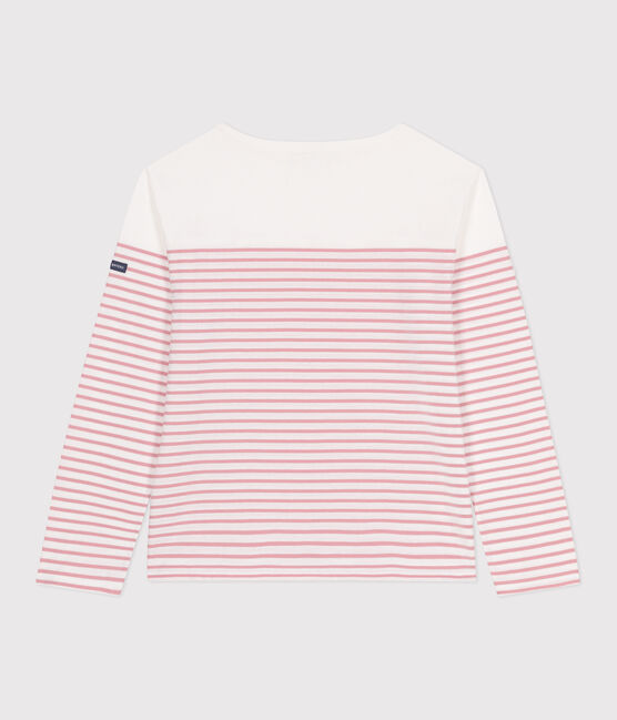 Langärmeliges Damen-T-Shirt "Marinière" aus Baumwolle weiss MARSHMALLOW/rosa CHARME