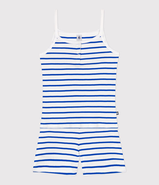 Damen-Kurzpyjama mit feinen Trägern aus gestreifter Baumwolle weiss MARSHMALLOW/blau PERSE