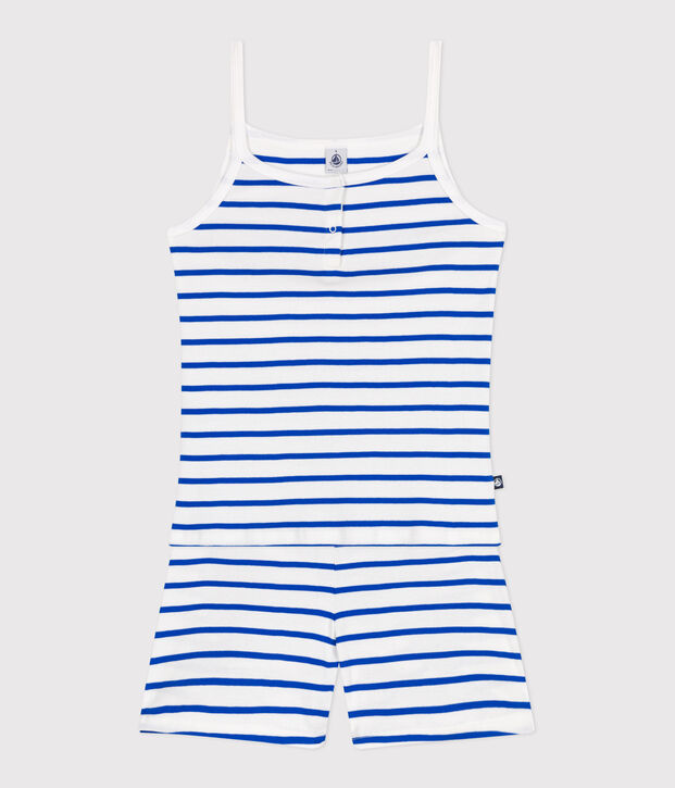 Damen-Kurzpyjama mit feinen Tr&auml;gern aus gestreifter Baumwolle weiss/blau