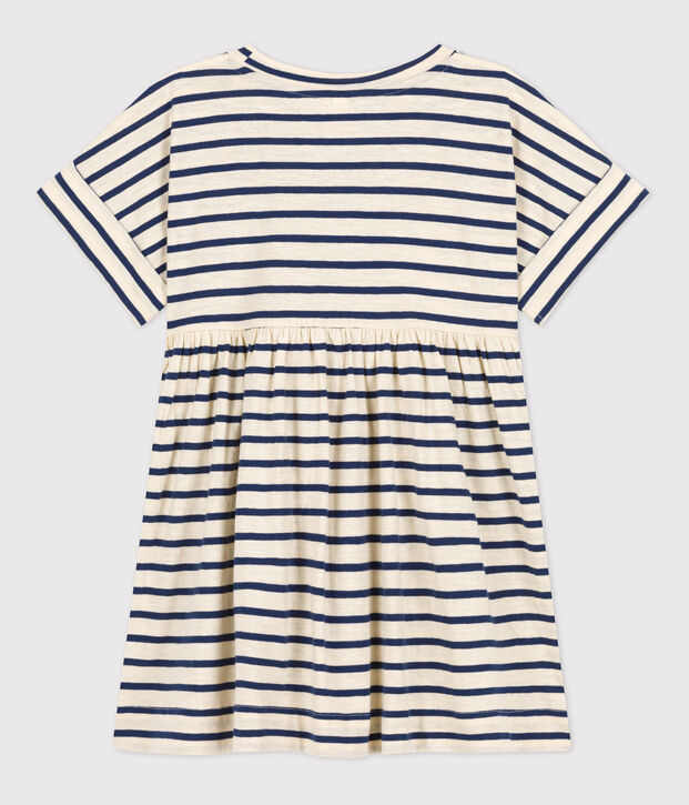 Gestreiftes Kinderkleid aus Baumwolle f&uuml;r M&auml;dchen naturfarben/blau