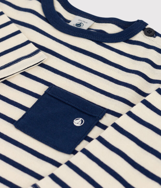 Lang&auml;rmeliges Baby-T-Shirt aus Baumwolle naturfarben/blau