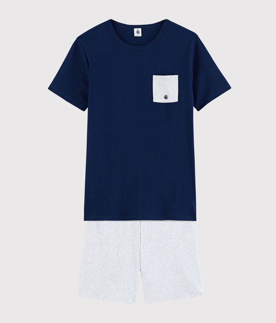 Kinder-Kurzpyjama aus Rippstrick blau MEDIEVAL/grau POUSSIERE