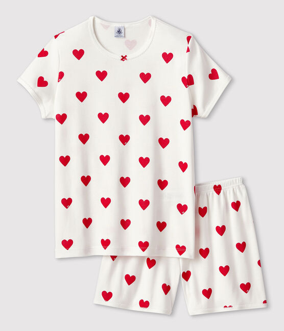 Kinder-Kurzpyjama aus Baumwolle mit Herzmotiv für Mädchen weiss MARSHMALLOW/rot TERKUIT